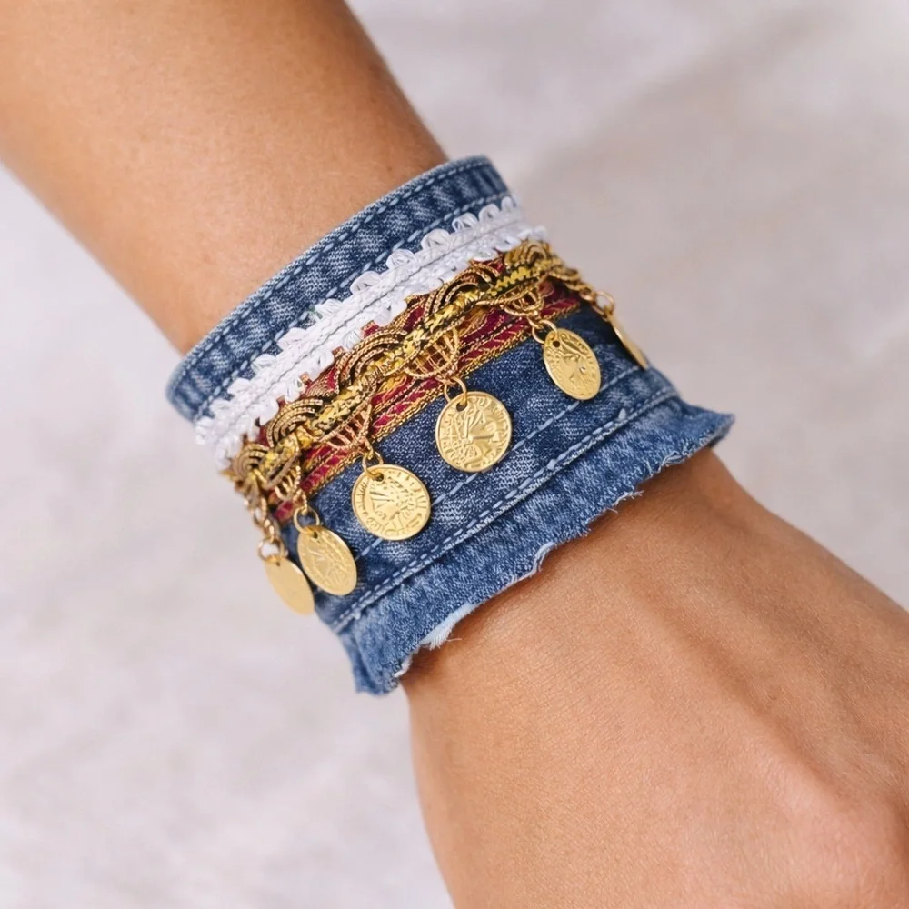RUBYRUDI Artisan Denim Cuff Bracelet Set Shabby Chic Tattered Raw Edge Signed